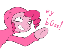 793848__safe_artist-colon-i am nude_pinkie pie_clothes_filthy frank_grin_hoodie_pink guy_pointing_smiling_solo_underhoof_wide eyes.png