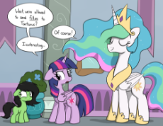 2016471__safe_artist-colon-skitter_princess celestia_twilight sparkle_oc_oc-colon-filly anon_alicorn_clothes_crown_dialogue_eyes closed_female_filly_im.png