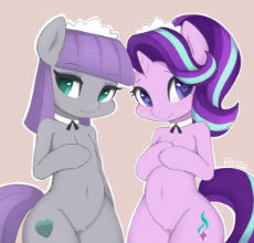 1653593__explicit_artist-colon-potzm_maud pie_starlight glimmer_belly button_bipedal_clothes_collar_cute_cute porn_earth pony_female_headdress_maid_nud.png
