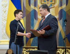 Savchenko being decorated by President Poroshenko after her release from Russia.jpg